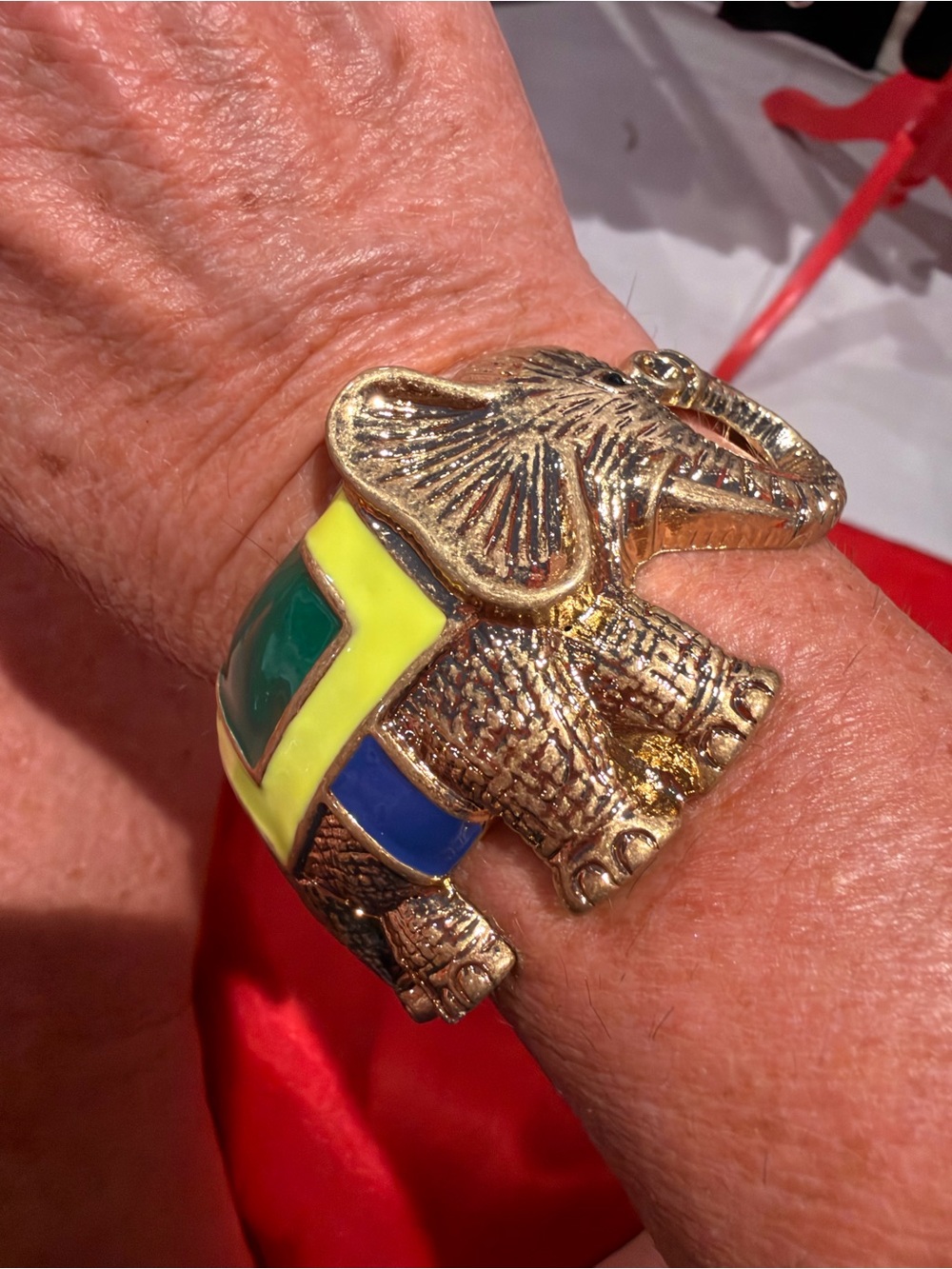 Gold Elephant Enamel Cuff Bracelet - Yellow, Blue & Green